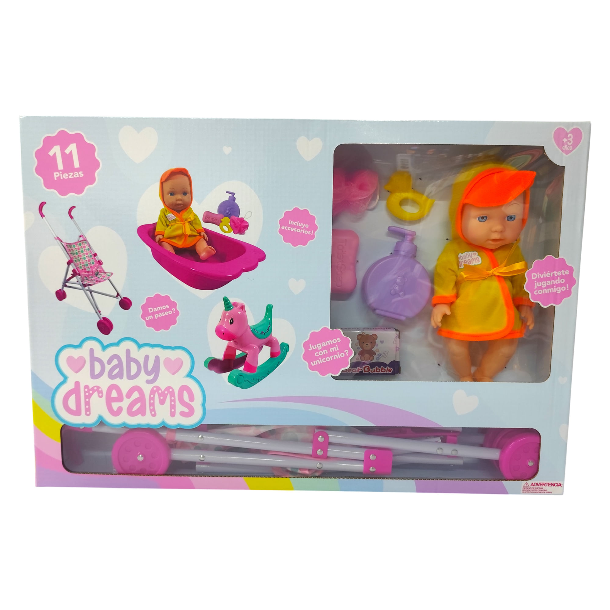 Muñeca + Coche + Bañera + Balancín 70821 BABY DREAMS