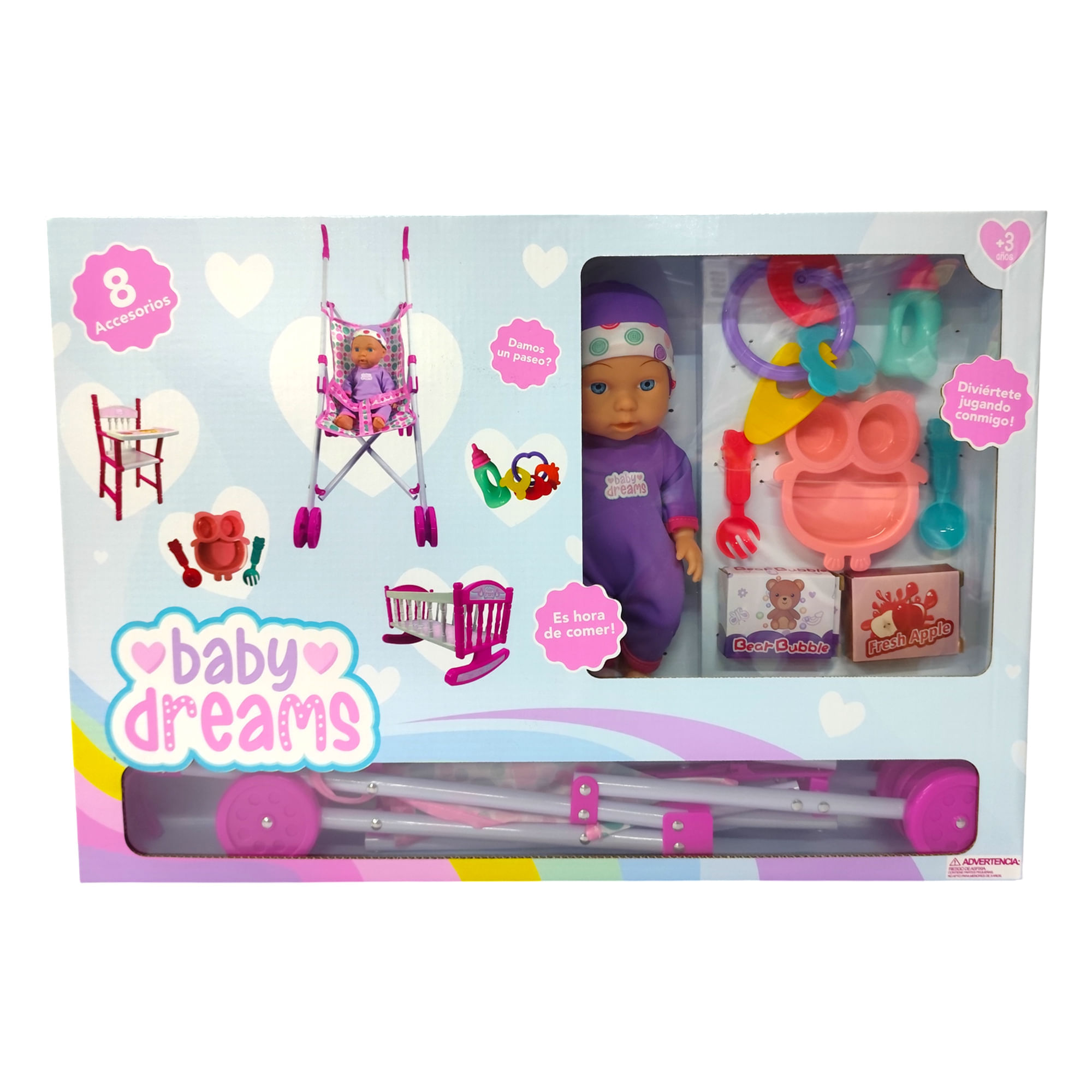 Muñeca con Silla, Cuna y Coche BABY DREAMS 70820 x1 unidad