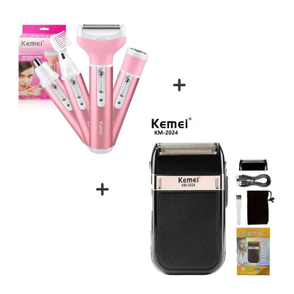 DUO  Afeitadora Facial y Corporal KEMEI 4 en 1 + Afeitador KM-2024