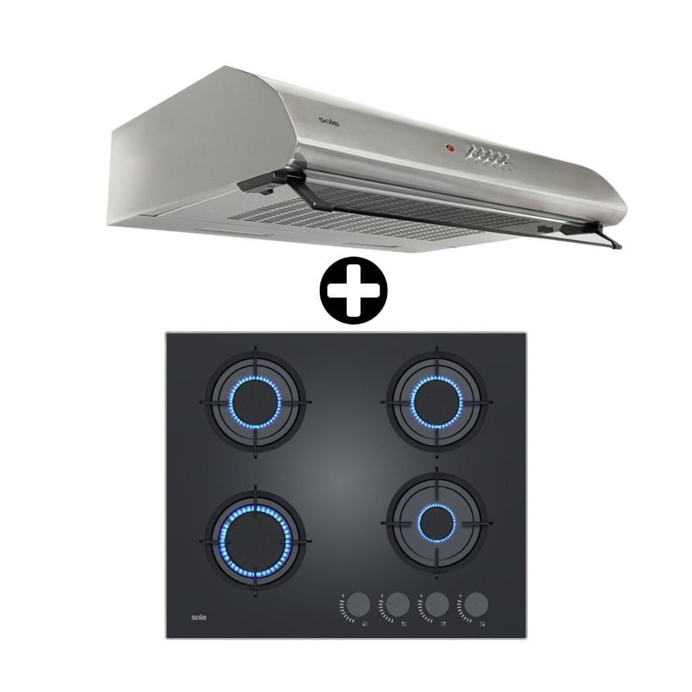 COMBO Sole: Cocina Empotrable Solco049V2 4 hornillas + Campana Atenea 60cm 1 Motor Acero Inoxidable