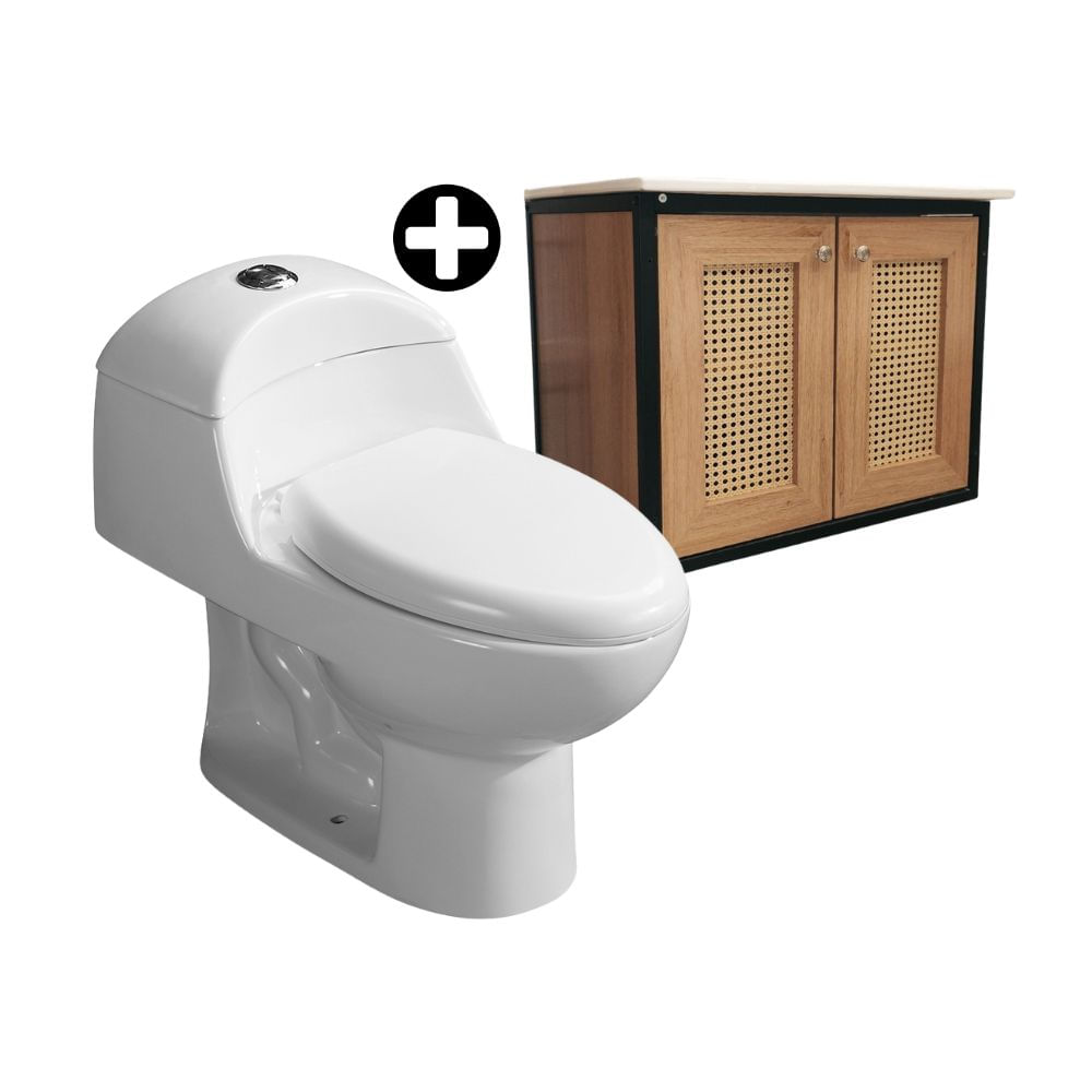 COMBO Orange: Inodoro One Piece Cerámico Ártico Blanco con Descarga Dual + Vanitorio MDF Venecia Marrón de 60 cm