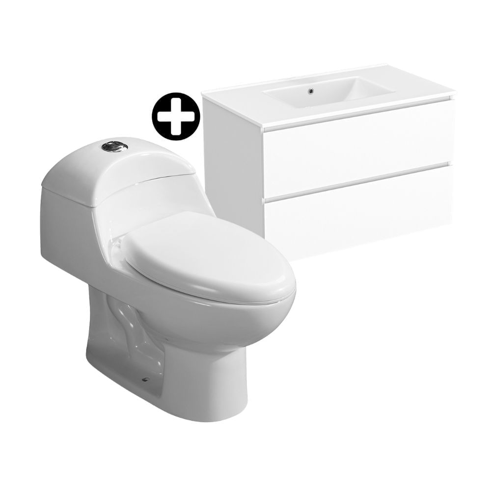 COMBO Orange: Inodoro One Piece Cerámico Ártico Blanco con Descarga Dual + Vanitorio Melamine Milán 80cm Blanco