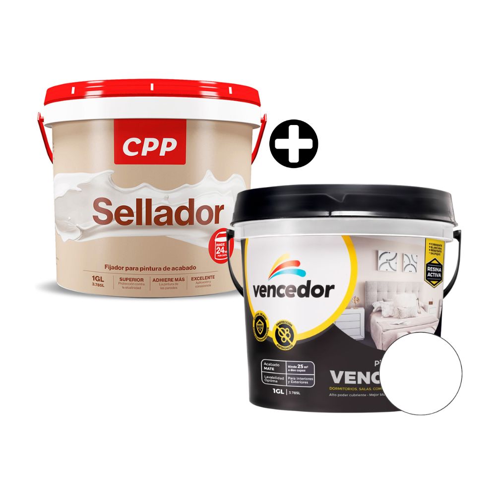 COMBO Pintura Látex Vencelatex Mate Nuevo Blanco 1 galón + Sellador CPP 1 galón