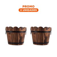 Pack2 Maceta Decorativa de Madera Tipo Barril con Borde Ondeado Marron