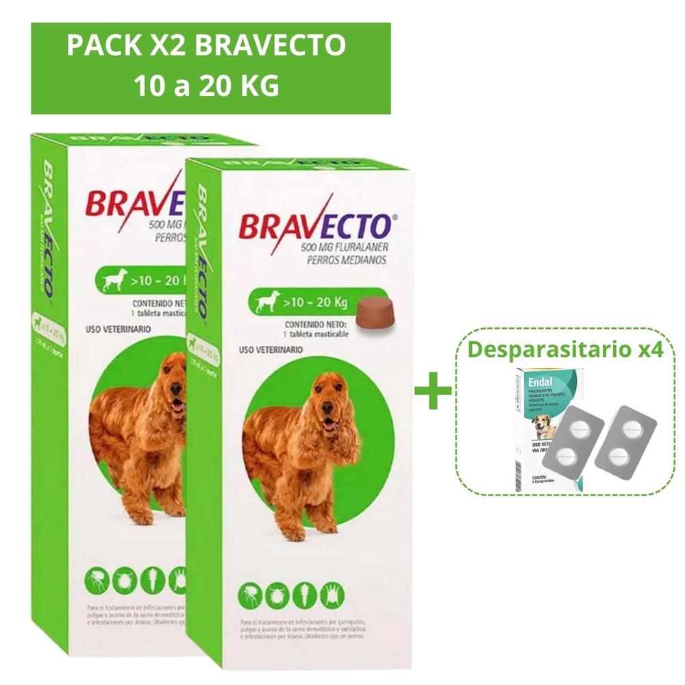 Pack x2  Antipulga Bravecto 10-20 Kg más Endal Plus de Regalo