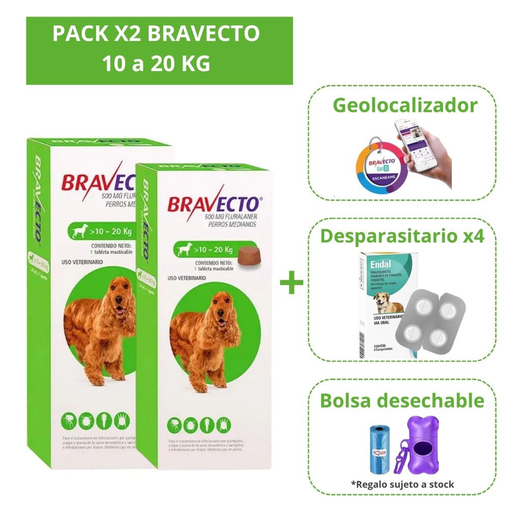 Pack x2  Antipulga Bravecto 10-20 Kg más Gratis Geolocalizador y Endal Plus