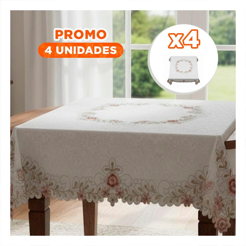 Pack4 Cubremesa Flores y Hojas Crema con Borde Bordado 350x180cm para Comedor Y+Papel Regalo