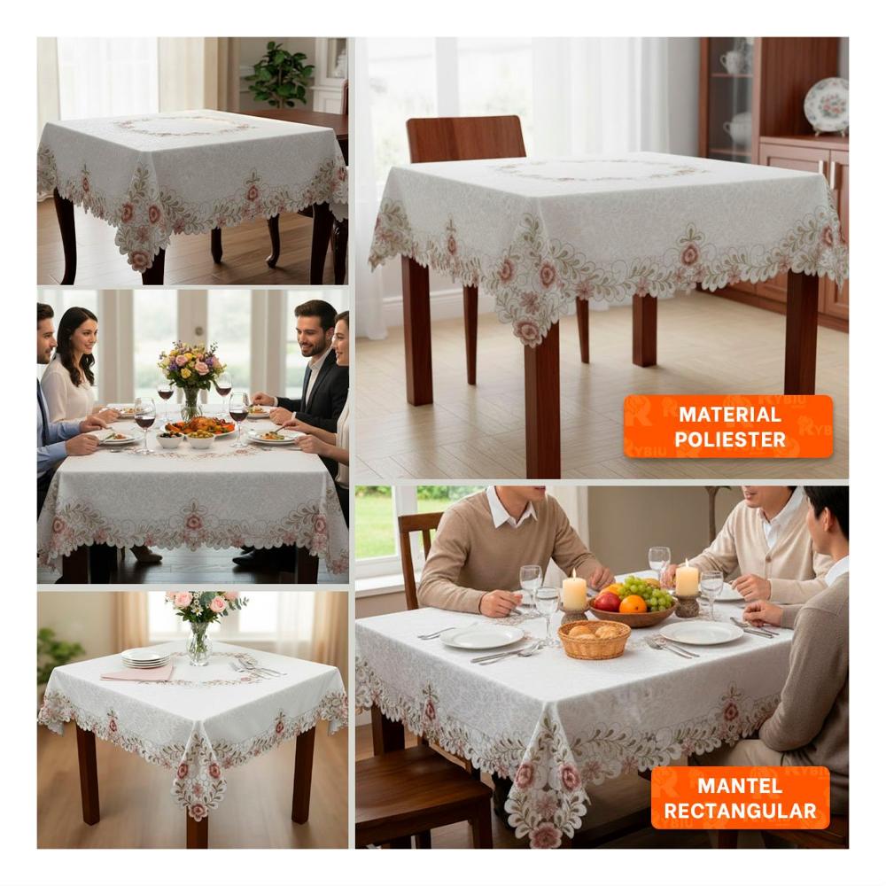 Mantel Borde Bordado Flores y Hojas Crema 350x180cm para Mesa y Comedor