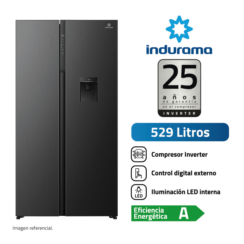 Refrigeradora Indurama RI-795DNI 529L Side By Side con Dispensador Negro