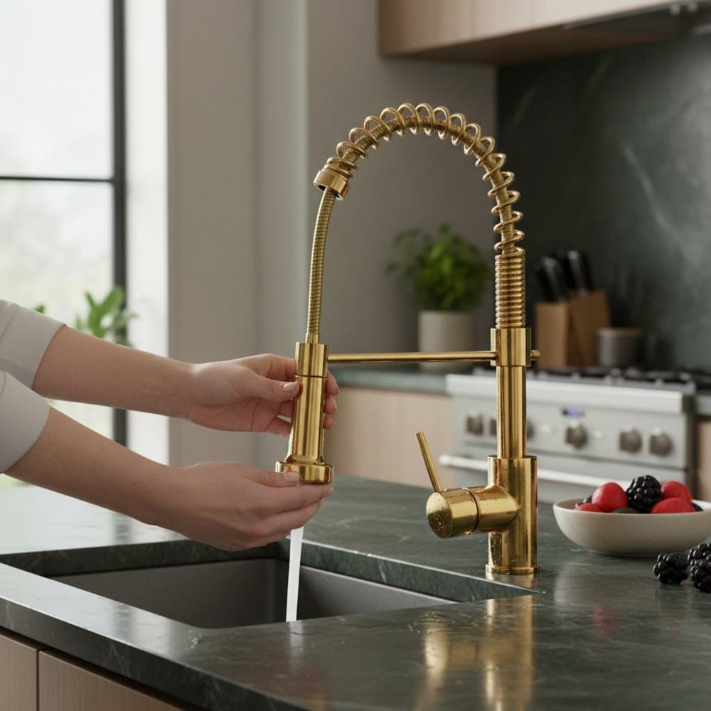 Grifo Mezcladora Cocina semi profesional Dorado Oro hecho de Bronce y Acero Premium