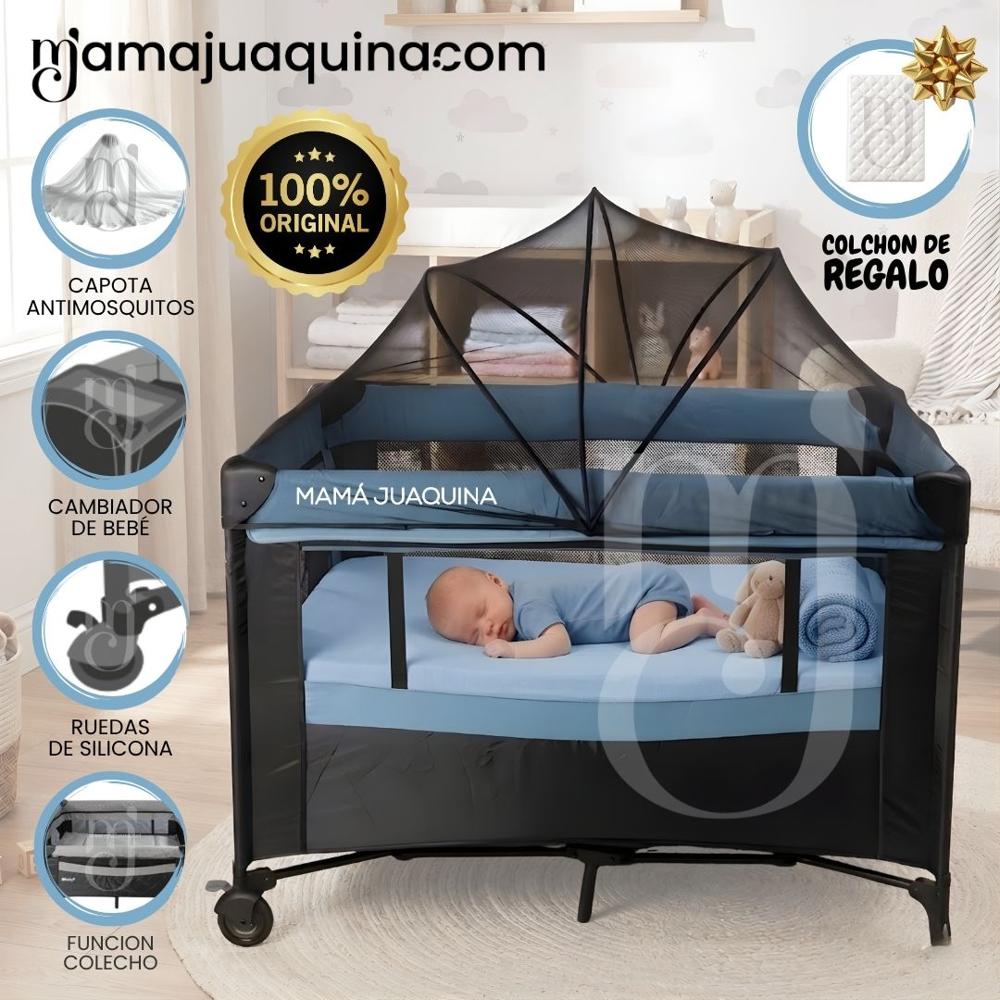 Cuna Corral de Lujo ROMI Light Blue con Colchón