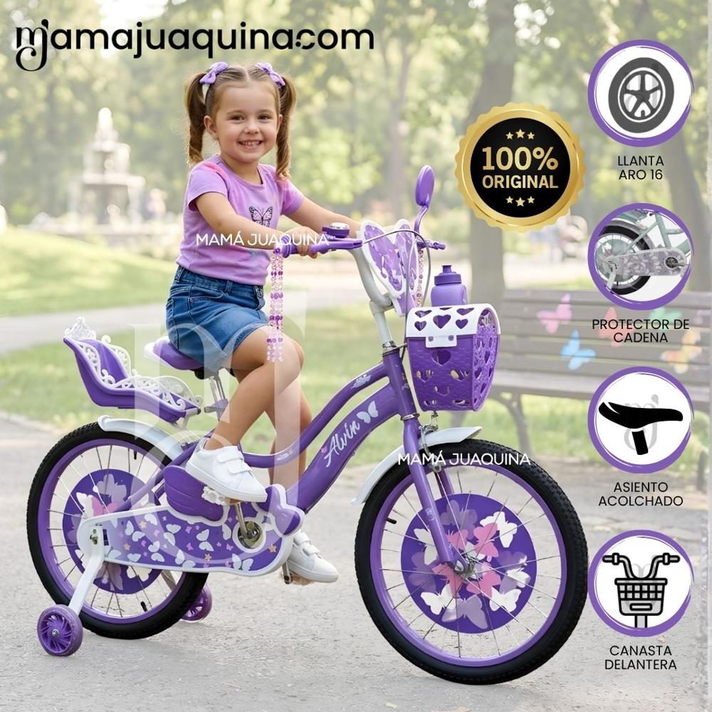 Bicicleta Campera para Niña Aro 16 ALANIS II con Canasta Green y Purple