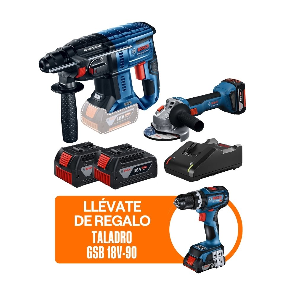 Amoladora GWS 18V-8 + Taladro GSB 18V-90 + Martillo Perforador GBH 180 Bosch