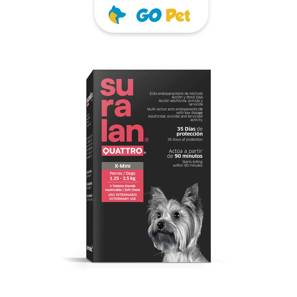 Suralan Quatro X-Mini (1.25 a 2.5 Kg) x 1 Tab - Antipulgas y Antiparasitario para Perros