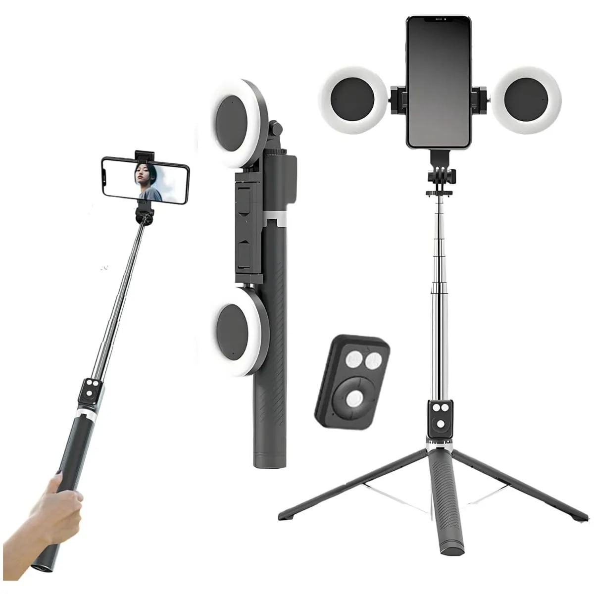 Selfie Stick Tripode con 2 aros de Luz Led