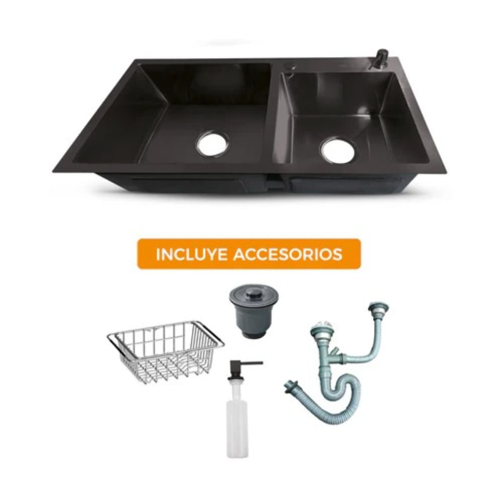 Lavadero premium De Acero Inox. Black Doble Poza CAcces. 78X43X23Cm  Fratelli