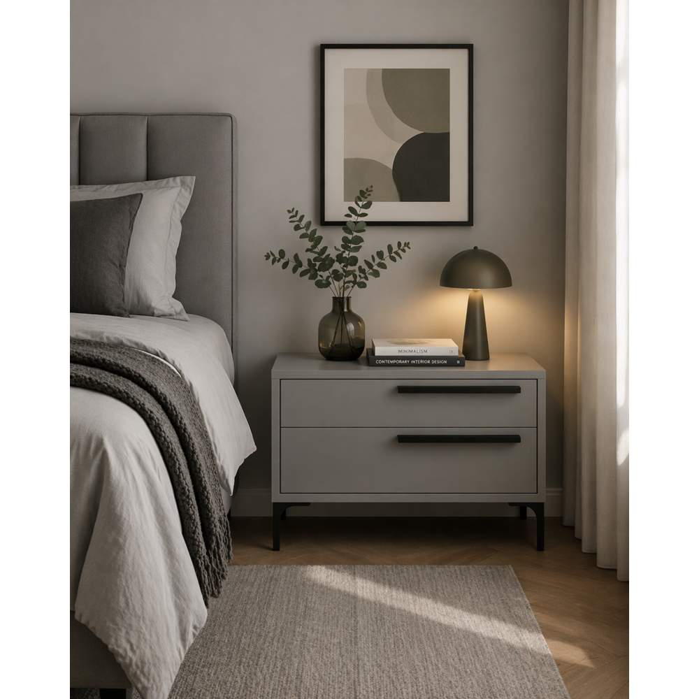 Velador Siena TU MESITA de 2 Cajones en Taupe con Patas Metálicas Canto Grueso