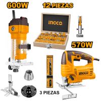 Combo Ruteadora Ingco 600W PLM6001 con Set 12 Fresas 6MM AKRT1201 de Sierra Caladora 570W JS57028
