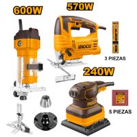 Combo Ruteadora Ingco 600W PLM6001 con Sierra Caladora 570W JS57028 con Lijadora Orbital 240W PS2416