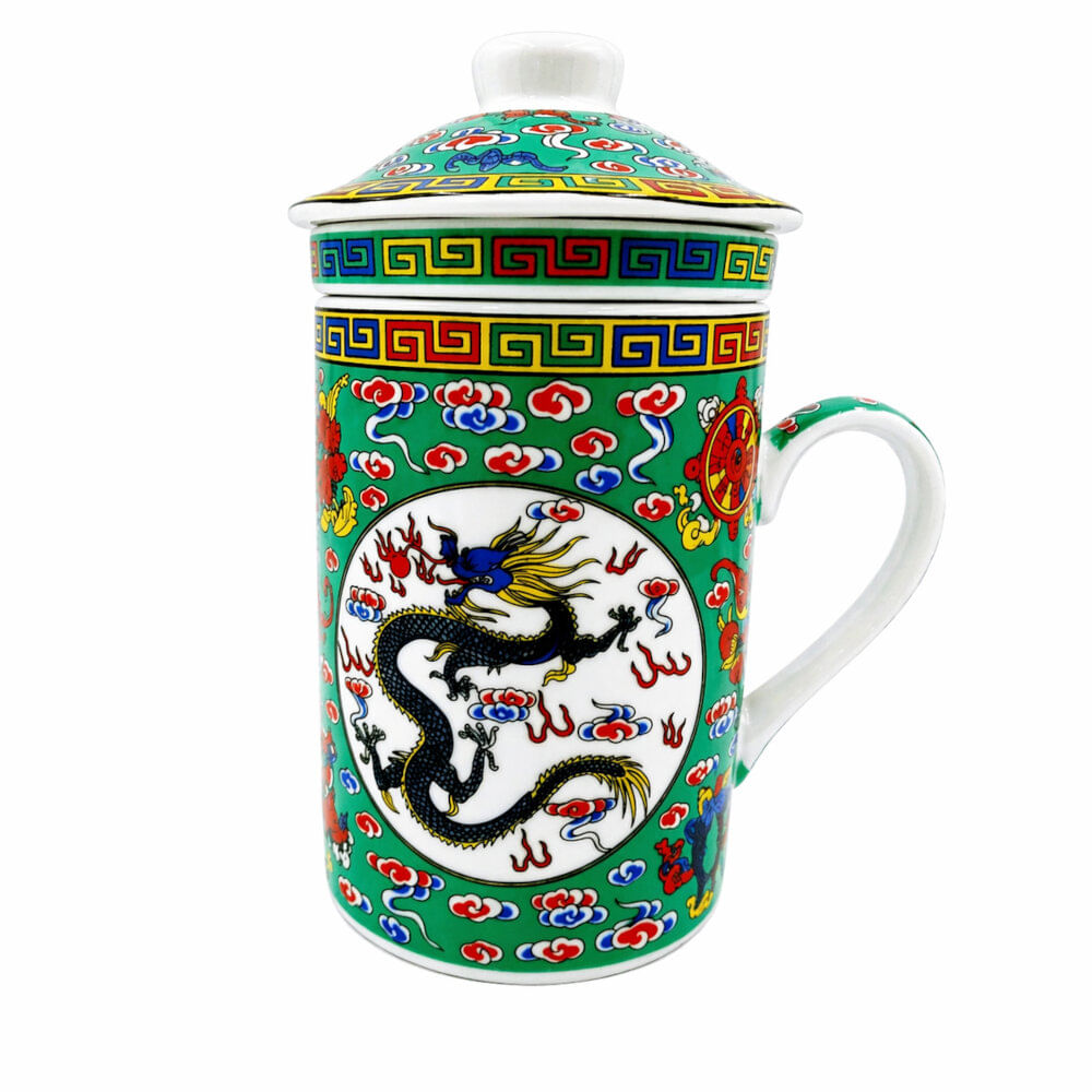 Taza Ceramica Con Filtro Oriental Dragon Nubes Ashta Mangalas 3pza