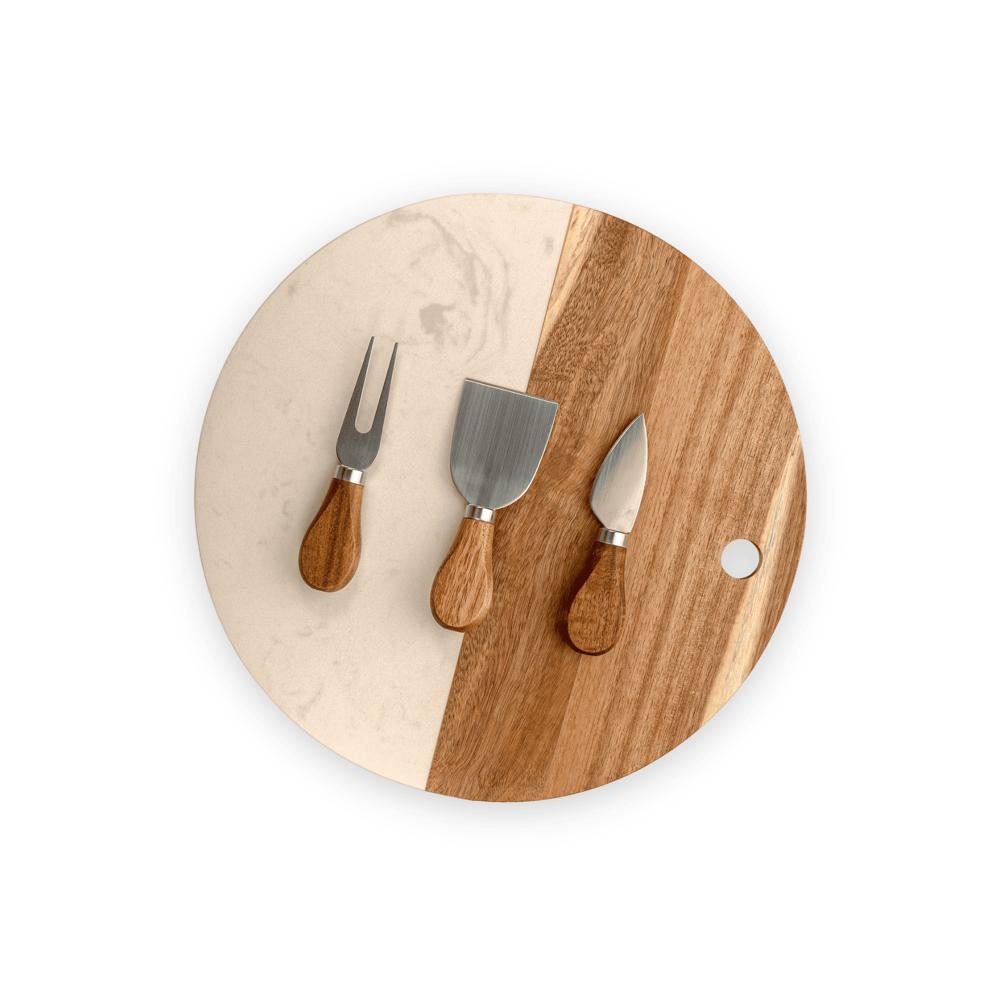 Tabla Redonda de Mármol y Madera Acacia para Quesos y Charcutería con 3 Cuchillos