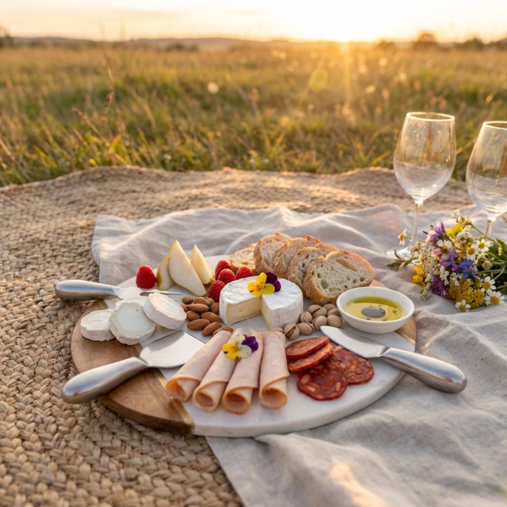 Tabla Premium de Quesos y Charcutería de Mármol y Acacia con Set de Cuchillos