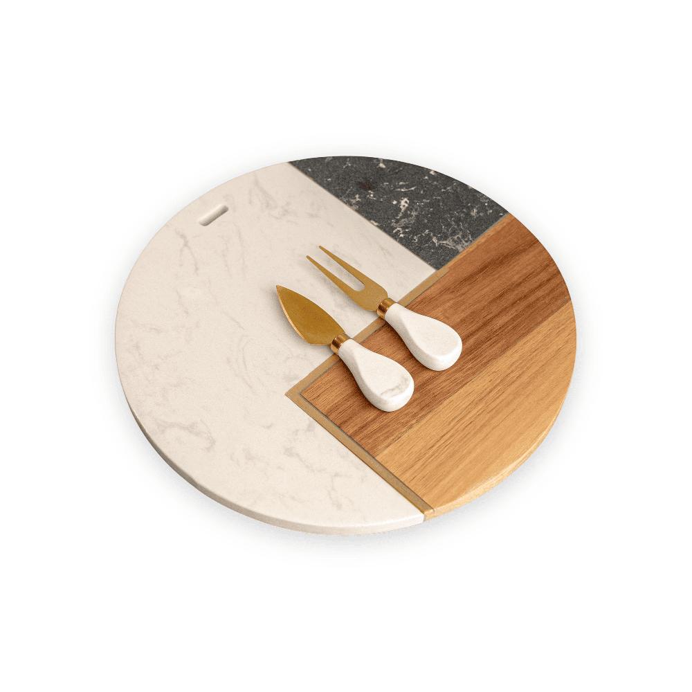 Tabla Redonda Premium de Quesos y Charcutería de Mármol y Acacia con Set Dorado