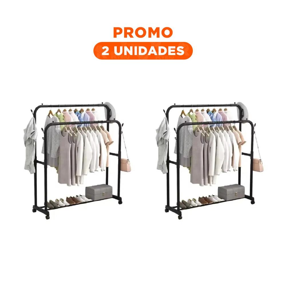 Pack2 Modulo Estante Perchero Doble con 1 Nivel Inferior Negro Multiuso