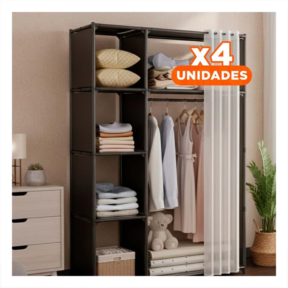 Pack4 Guardarropa Funcional de Ropa con Cortina Negro Abierto para Cuartos