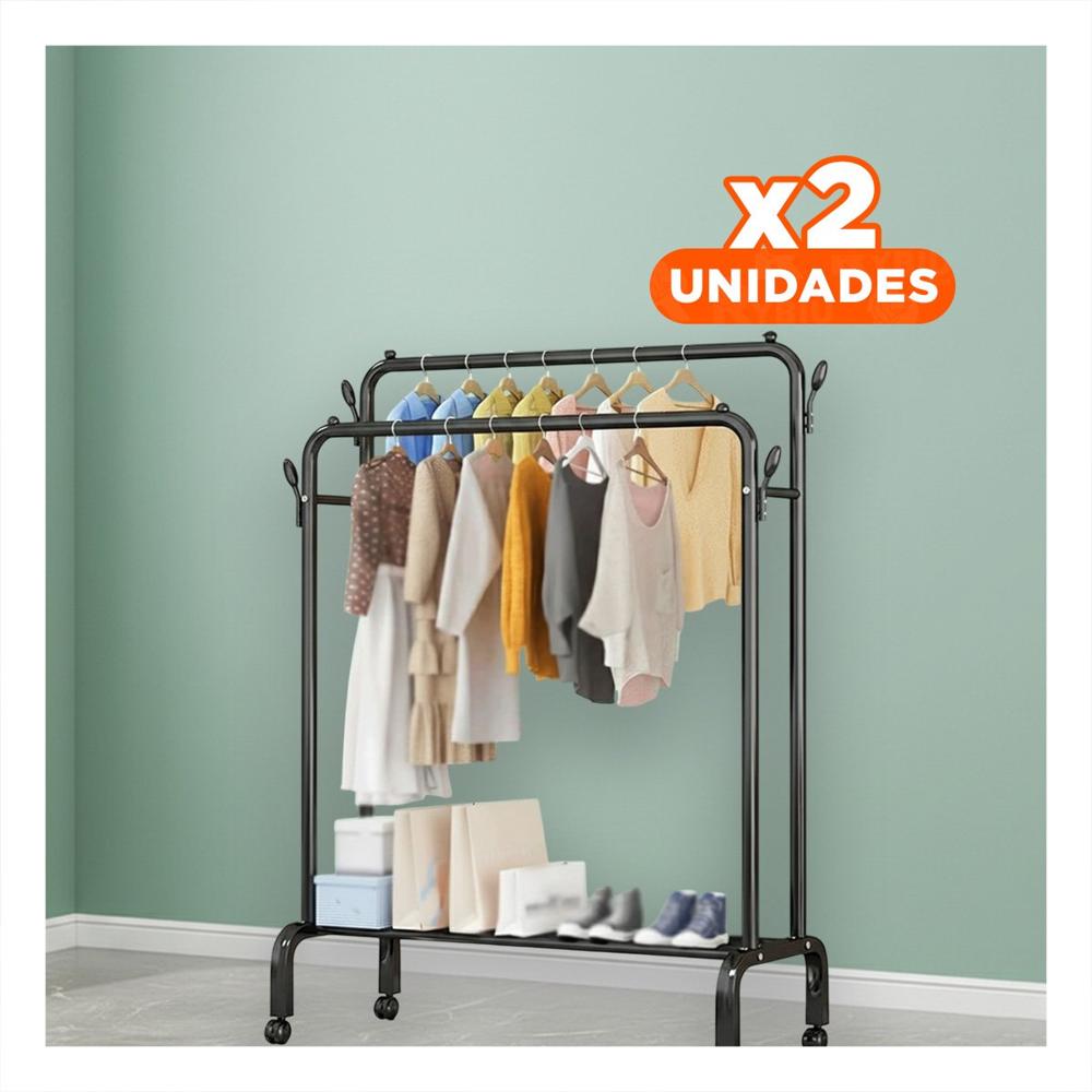 Pack2 Modulo Estante Perchero Doble con 1 Nivel Inferior Negro Hogar Practico Y+Papel Regalo