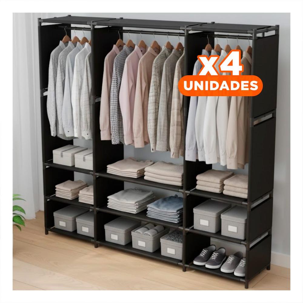 Pack4 Estante de Ropa Negro Abierto para Orden y Almacenaje Rapido