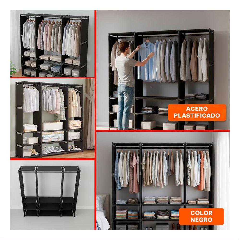 Guardarropa de Ropa Negro Abierto con Estantes y Organizacion para Hogar