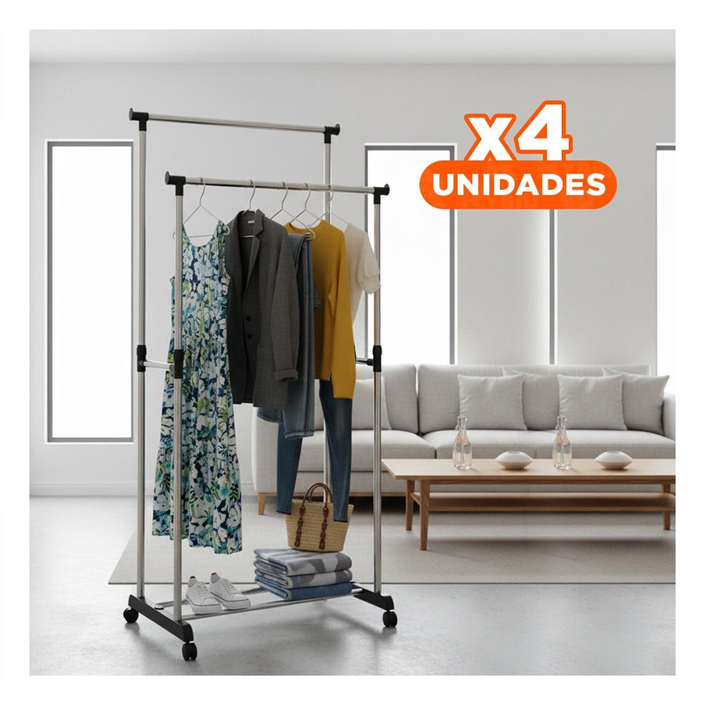 Pack4 Base Colgador Doble de Ropa Barra Pequena Plateado Resistente