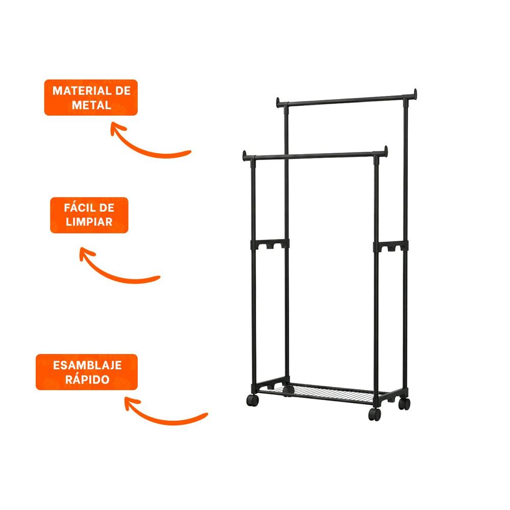 Estructura Doble de Ropa Negro Elegante y Resistente para Tu Vestidor Y+Ligas Regalo