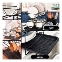 Organizador de Platos con Puertas de 2 Niveles y Bandejas de Color Negro