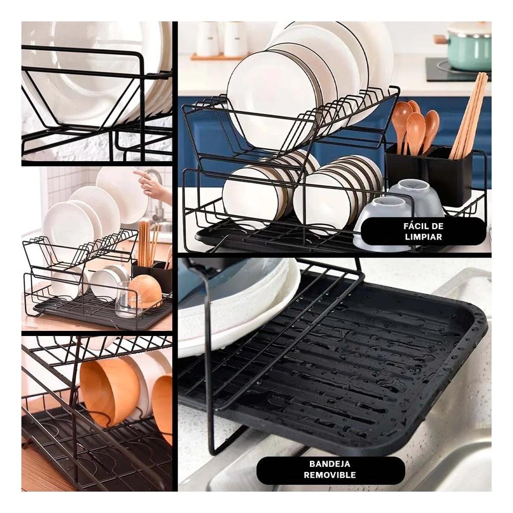 Organizador de Platos con Puertas de 2 Niveles y Bandejas de Color Negro