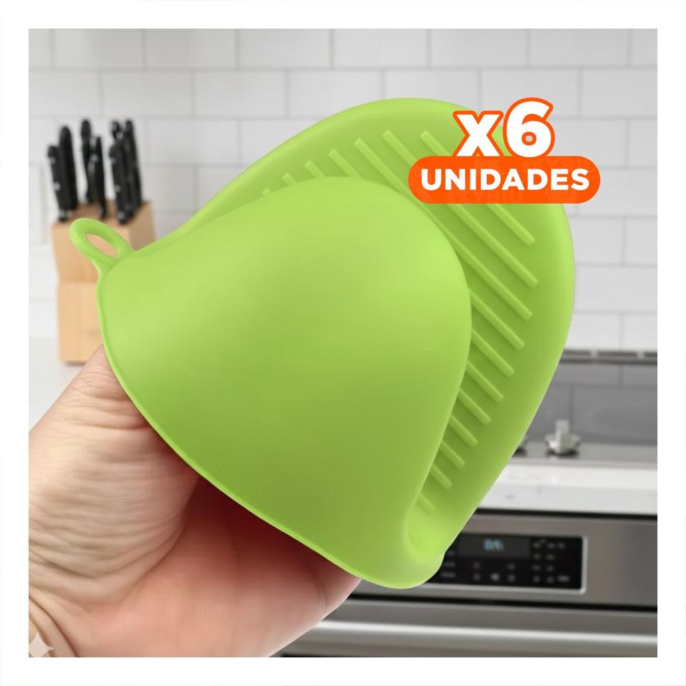 Pack6 Manoplas Cocina de Silicona Verde para Hogar y Alimentos 7,3x9,5cm Y+Regalo Sticker
