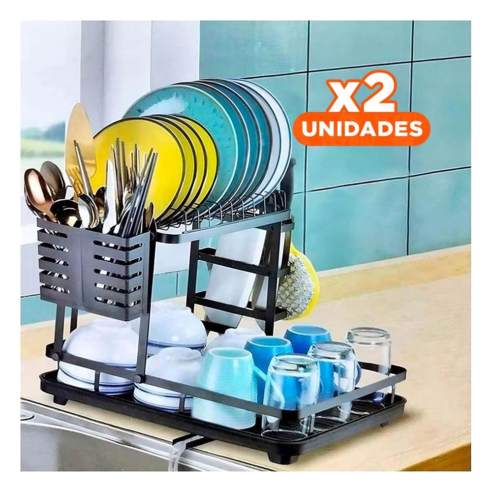 Pack2 Escurridor de Platos con Sistema de Drenaje y Soporte Utensilios Negro Y+Papel Regalo