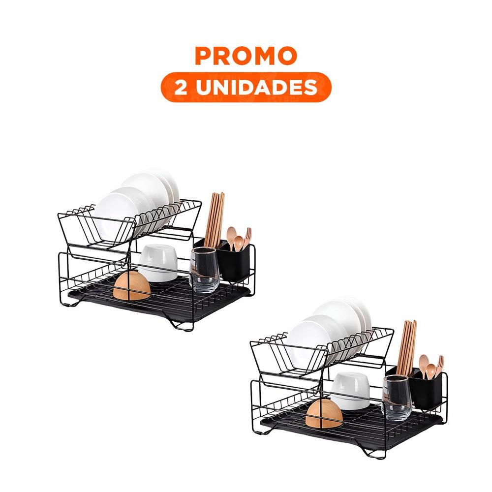 Pack2 Escurridor Negro con Estructura de 2 Niveles y Bandeja Integrada