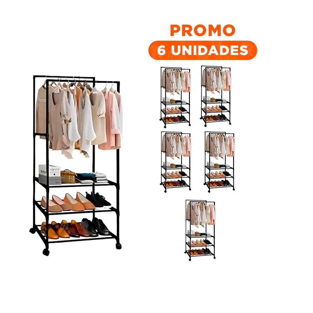 Pack6 Estanteria Multiuso 3 Niveles con Perchera Doble Resistente y Funcional Negro