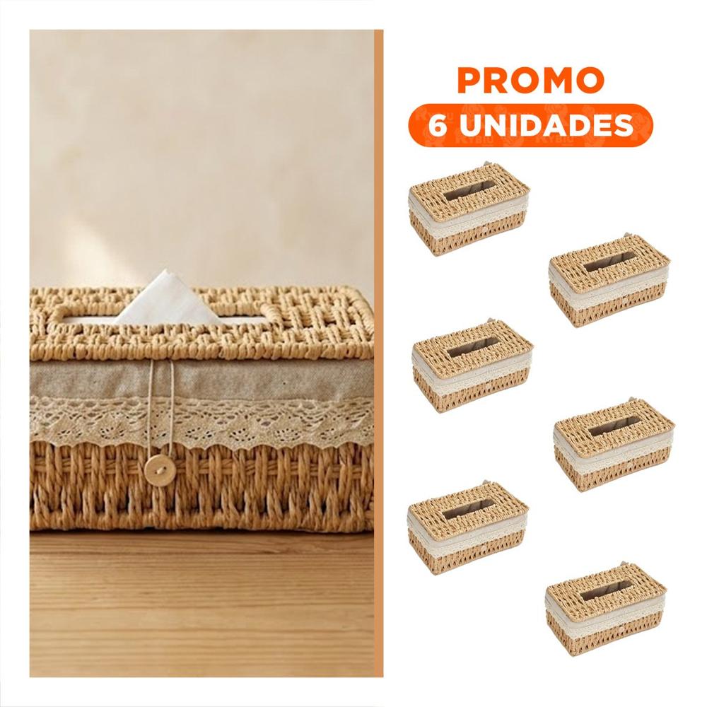 Pack6 Dispensador Servilletas Canasta Tejida Beige Forro Tela 20x14x9cm