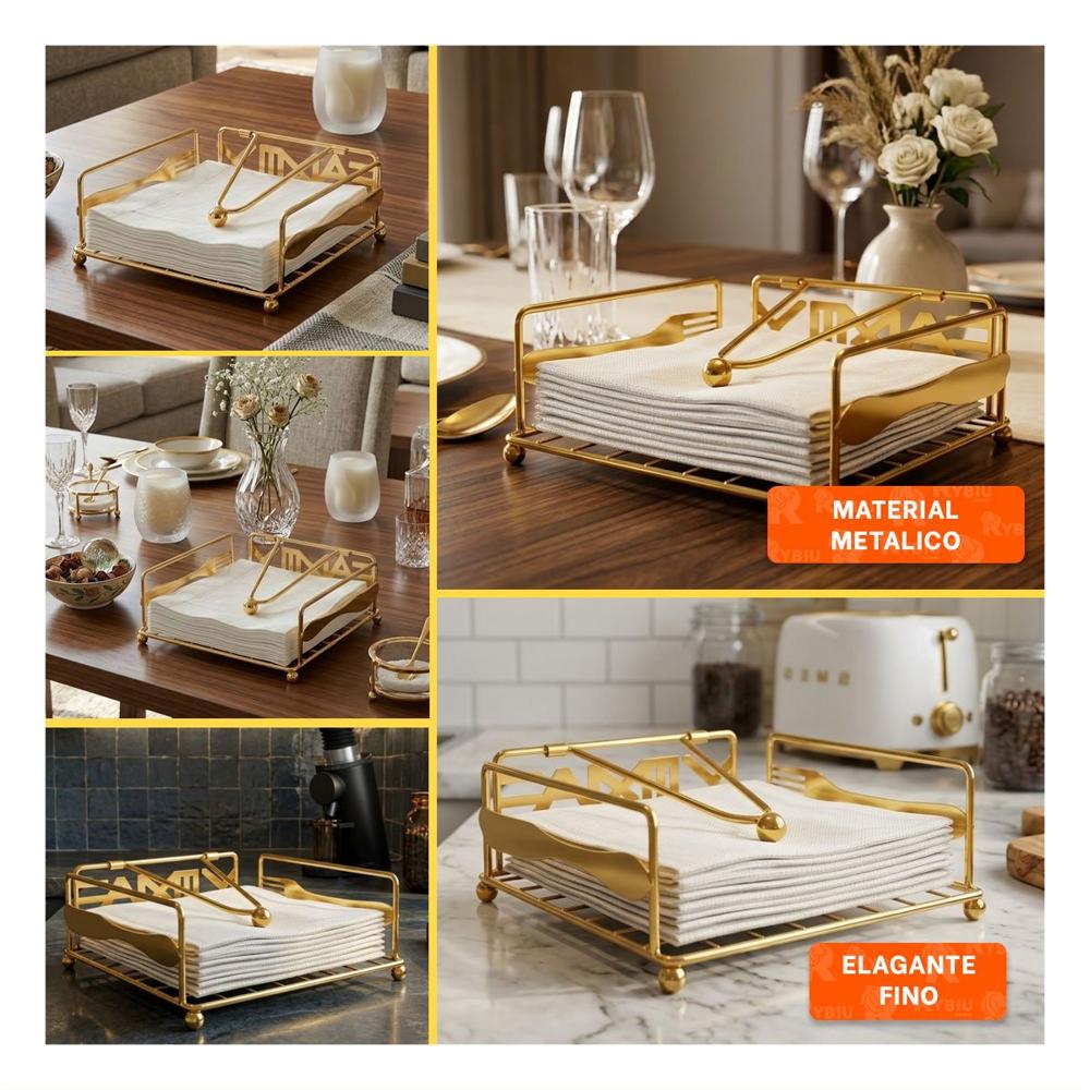Servilletero Dorado con Brazo Dispensador para Mesa de Comedor