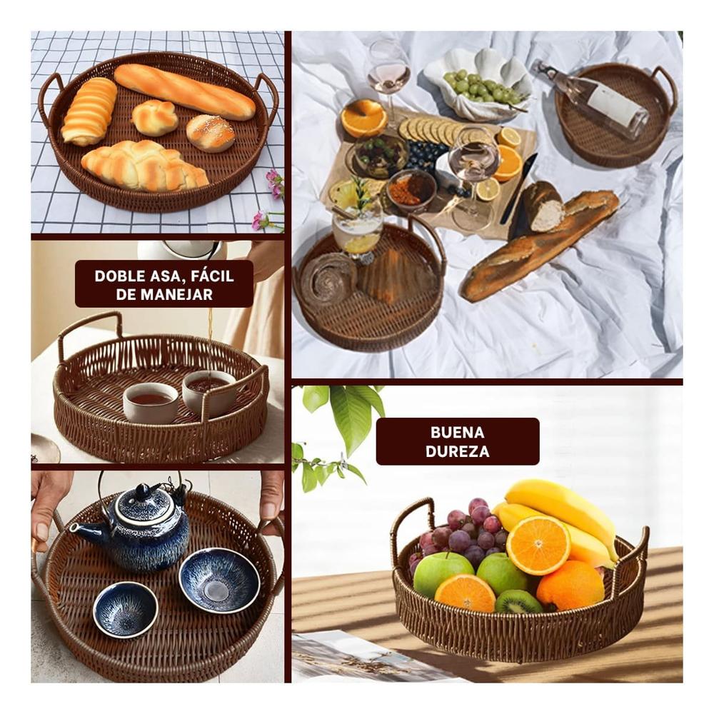 Bandeja tejida circular con asas para guardar accesorios y objetos en hogar marron