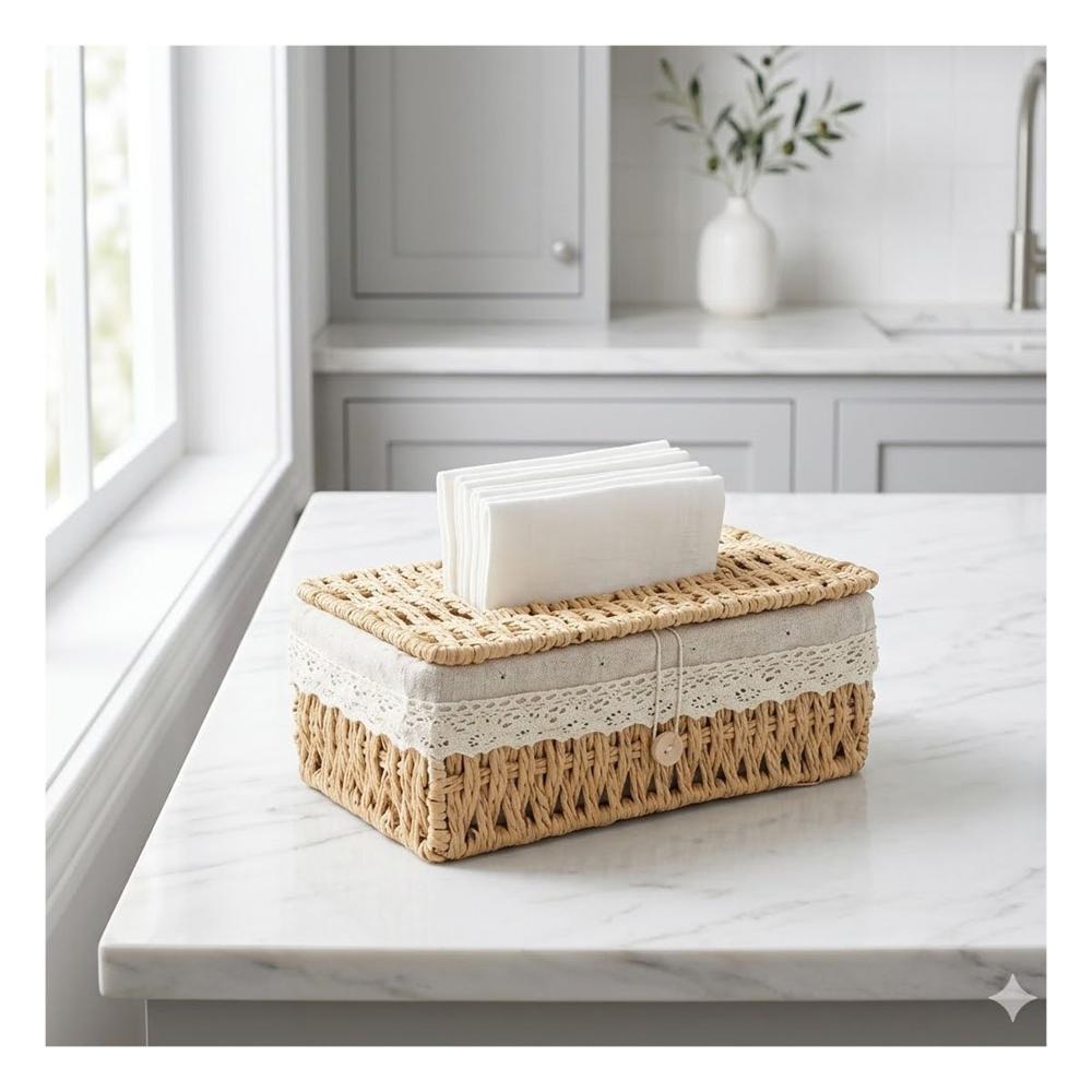 Organizador Servilletas Canasta Tejida con Forro Tela Beige 20x14x9cm Y+Regalo Sticker