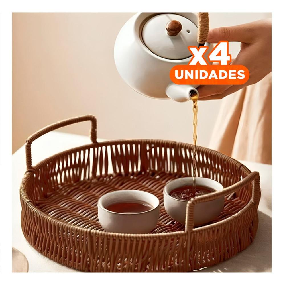 Pack4 Bandeja tejida circular con asas para organizar utensilios y objetos de hogar marron