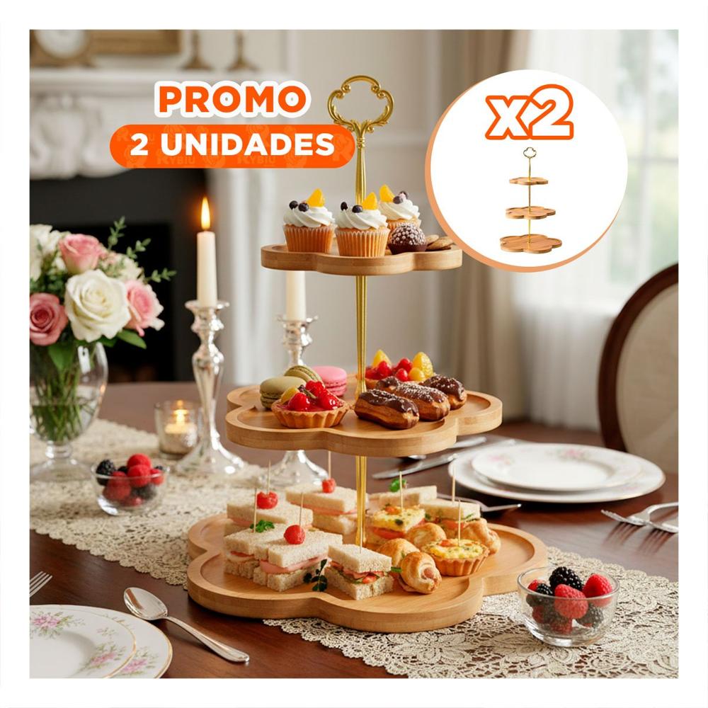 Pack2 Bandeja 3 Niveles Exhibidor Flor Marron para Postres en Mesa Eventos Y+Papel Regalo