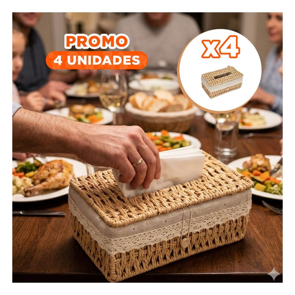 Pack4 Servilletero Canasta Tejida Beige Forro Tela 20x14x9cm Mesa Y+Papel Regalo