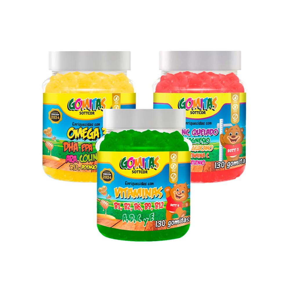 Combo Gomitas Zinc Quelato + Omega + Multivitaminas Sottcor Niños