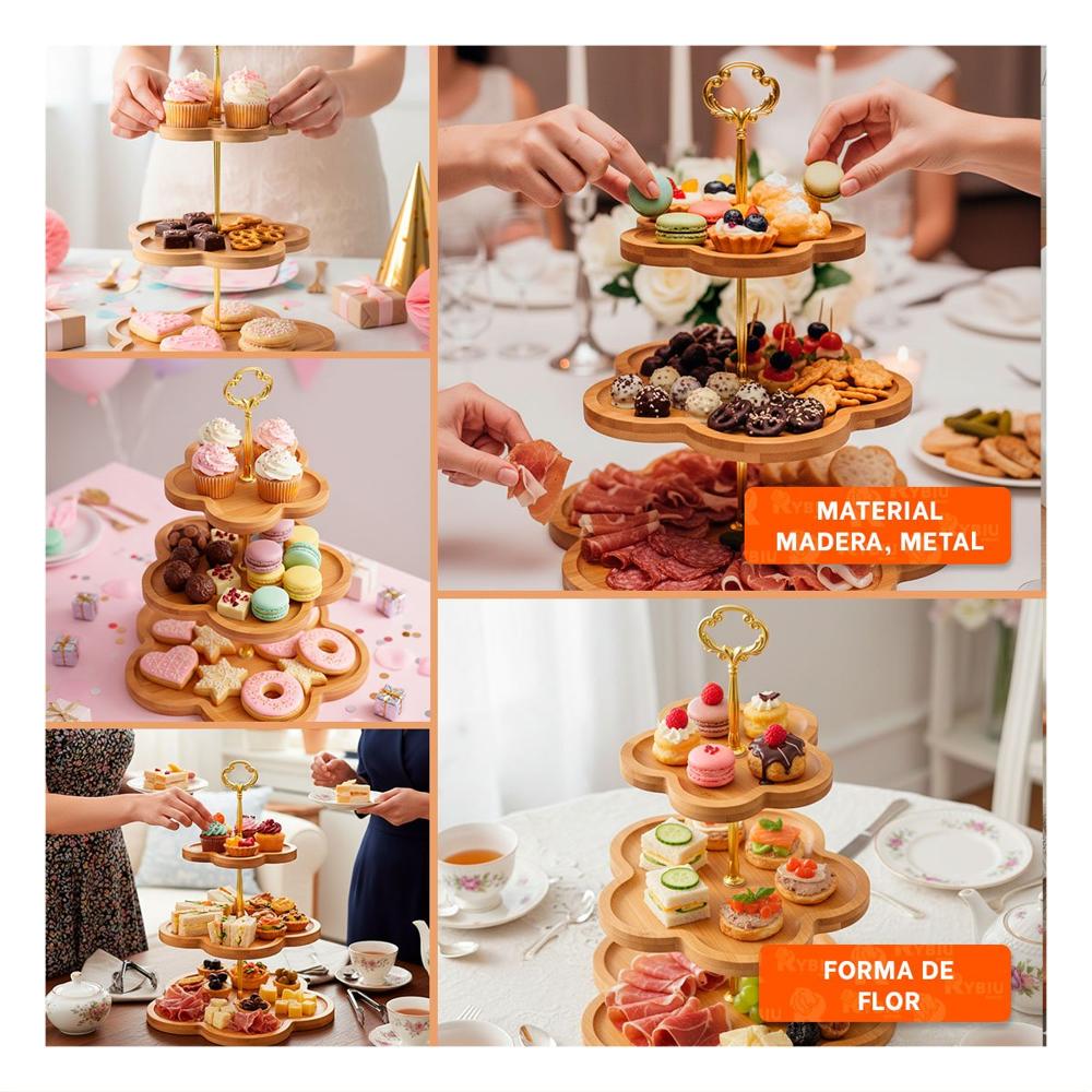 Bandeja 3 Niveles Exhibidor Flor Marron para Mesa de Dulces y Eventos