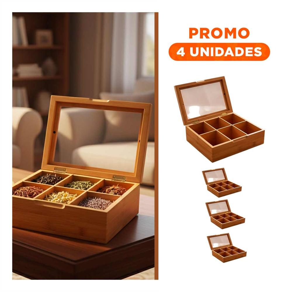 Pack4 Base de Bambu con Tapa de Vidrio y 6 Divisiones para Organizacion Hogar Y+Regalo Sticker